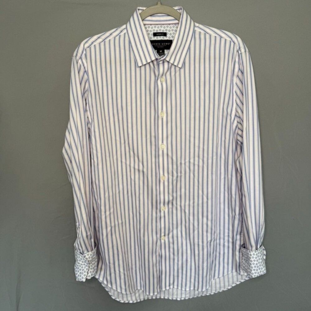Pronto Uomo Men's Medium Stripe Geometric Dress Shirt Modern Fit Long Sleeve